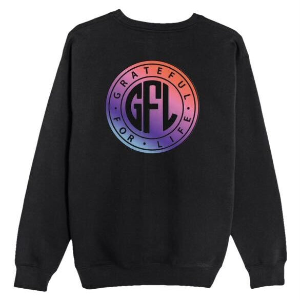 Black sweatshirt with a colorful logo on the back against a white background